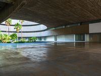 there is an empty concrete room with a pool and palm trees in the distance to the left