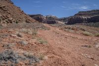 a dirt road winding up in a vast wilderness area with a large cliff wall and deep canyons in the distance