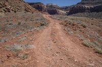 a dirt road winding up in a vast wilderness area with a large cliff wall and deep canyons in the distance