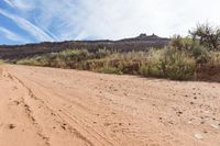 a person is riding down a dirt road in the desert with a sky background and trees