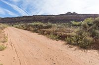 a person is riding down a dirt road in the desert with a sky background and trees