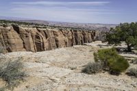 large stone cliffs with some green plants on one side and mountains in the other side