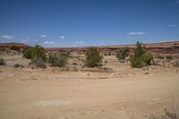 a dirt road in the middle of a barren area and red mountains with sparse vegetation