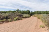 gravel road with a dirt sign on it's side and bushes along it, while two vehicles driving down it