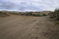 dirt road in a desert with trees and bushes on both sides of the road under a partly cloudy sky