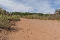 a dirt road with some brush and shrub on either side of it near an area in the desert