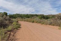 a dirt road with some brush and shrub on either side of it near an area in the desert