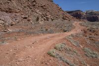 dirt road with rocky terrain at bottom and mountains on either side, blue sky in the background