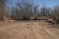 a dirt road that is near a body of water and bushes with dead trees on both sides