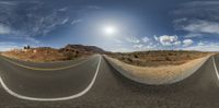 a 3d image of two straight roads in the desert and a cloudy sky with sun