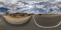 three roads running parallel in the desert beneath a cloudy sky and clouds and an empty street