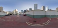 the view of a street, from a fish eye lens point to point perspective system