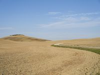 a car is driving on a dirt road in a field near wheat fields under a blue sky