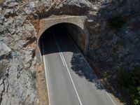 the car is driving through the tunnel near rocks and grass's edge, it is very hard to find where the lines are in the photo