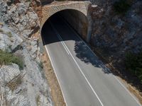 the car is driving through the tunnel near rocks and grass's edge, it is very hard to find where the lines are in the photo