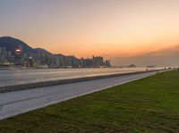 the large grassy area is next to the beach in front of the city skyline with mountains and trees