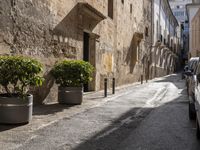 there are four planters that are near the side of an alley way with cars parked on either side