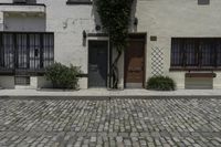 a cobblestone street leading to the entrance of an apartment building with white walls and a planter on each side