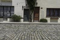 a cobblestone street leading to the entrance of an apartment building with white walls and a planter on each side