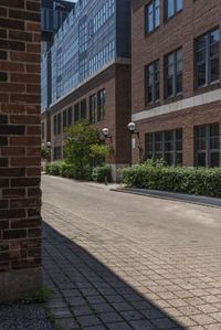 the sidewalk next to the brick building has many plants on it and many windows in the buildings