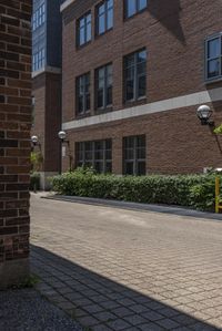 the sidewalk next to the brick building has many plants on it and many windows in the buildings