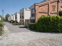 a paved sidewalk in a residential area with red brick walls, bushes, and street lights