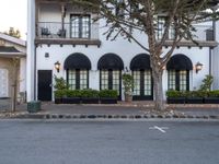 a white house with black windows and plants around it and a yellow fire hydrant sitting next to the road