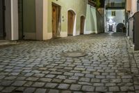 cobbled walkway in an old narrow alley leading to tall buildings at night time,