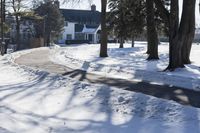 a red fire hydrant sitting in the snow near trees outside a house during wintertime