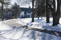 a red fire hydrant sitting in the snow near trees outside a house during wintertime