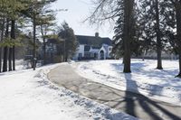 a red fire hydrant sitting in the snow near trees outside a house during wintertime