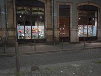 the sidewalk in front of the store is lined with fake flowers on glass windows in the dark