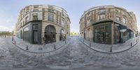 a couple of spherical views of a street in europe with buildings and other places on both sides