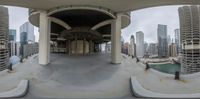 the fisheye lens lens shows different views of a city skyline as viewed from within the city park