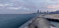 there are signs on the concrete near the water's edge near a large city with high buildings