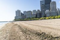 an empty sandy beach with many large buildings in the background in the foreground is the river and sand