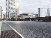 a very wide steel grate street is seen in this image from a low angle