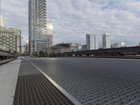 a very wide steel grate street is seen in this image from a low angle