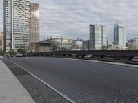 a very wide steel grate street is seen in this image from a low angle