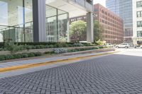 view of the sidewalk outside an office building with a fire hydrant on it in the center of the road