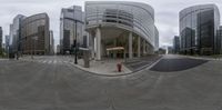 an 360 - degree view of a city street taken from the street corner and the fire hydrant has been placed by the photographer