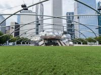 a sculpture made out of metal is seen in front of tall buildings and green grass