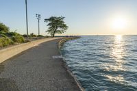 a concrete path leading over water near trees and grass near the ocean, with sun setting behind them