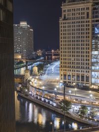 Chicago Night Cityscape: High-rise Buildings Illuminate the City