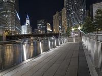 people walking on a bridge near some buildings by the river at night under a full moon