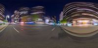 two blurred images of a street at night with light trails on the ground of it