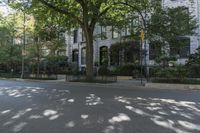 the sidewalk is lined with plants and trees and people walk down the street and some buildings
