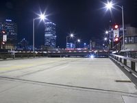 the street lights in the dark of night are very bright for cars and pedestrians to pass