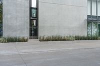 there is an outdoor area with plants and fire hydrants on the sidewalk in front