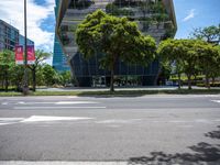 a picture of an empty street near a building with a sky background and trees in the street